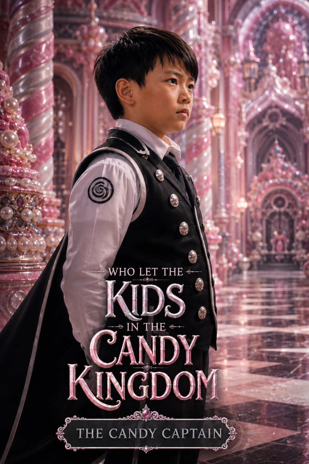The Candy Captain standing inside a pink pearl candy palace.